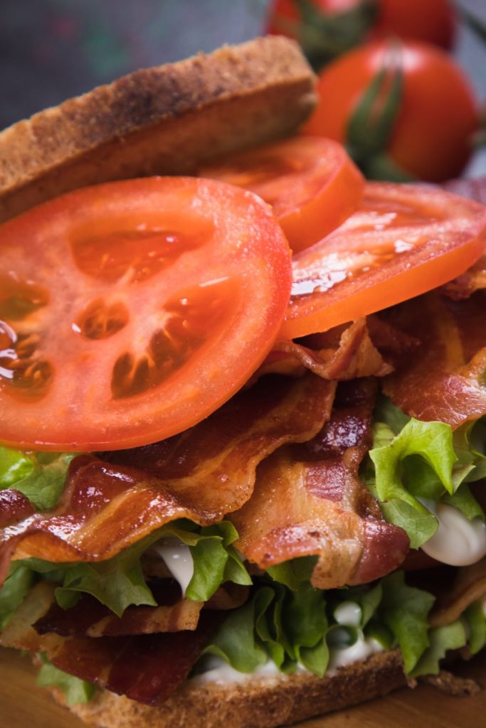 This is a closeup of a BLT sandwich.