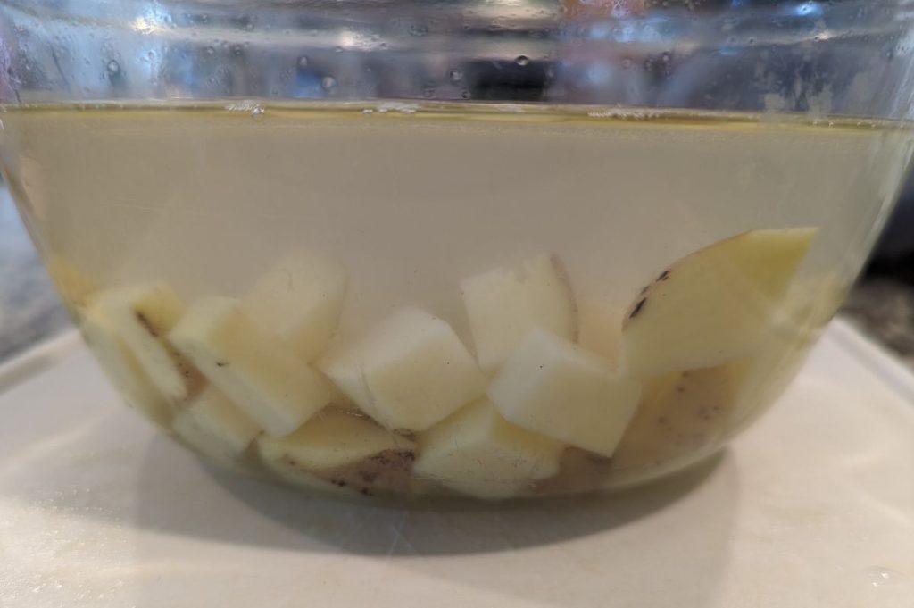 This is diced potatoes soaking in water.