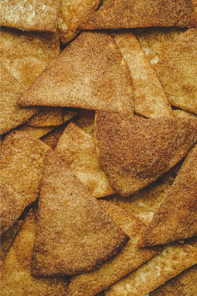 This is a closeup of cinnamon sugar tortilla chips.