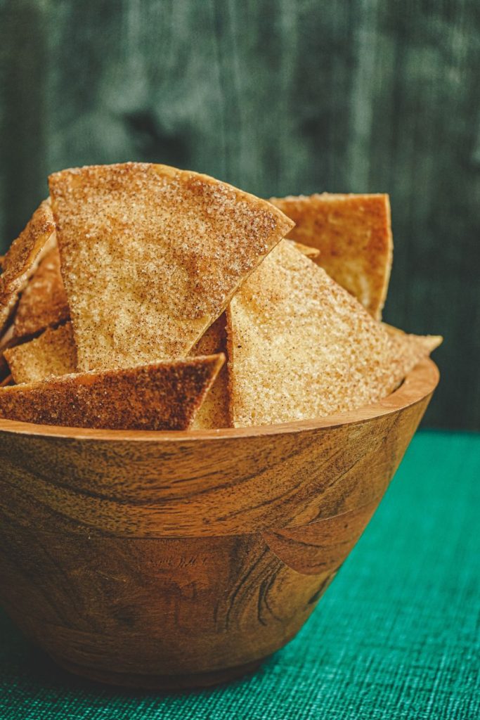 This is cinnamon sugar tortilla chips in a bowl.