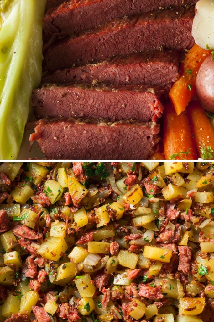 This is corned beef hash, and corned beef and cabbage with carrots and potatoes.