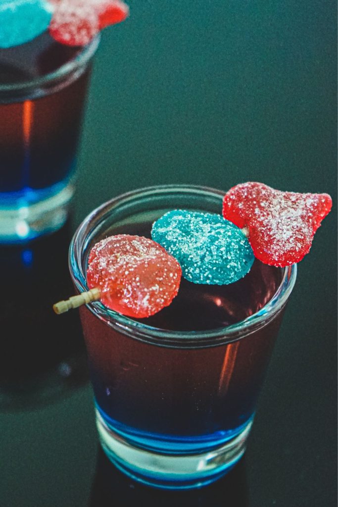 This is an aerial view of  Jolly Rancher Shot cocktails.