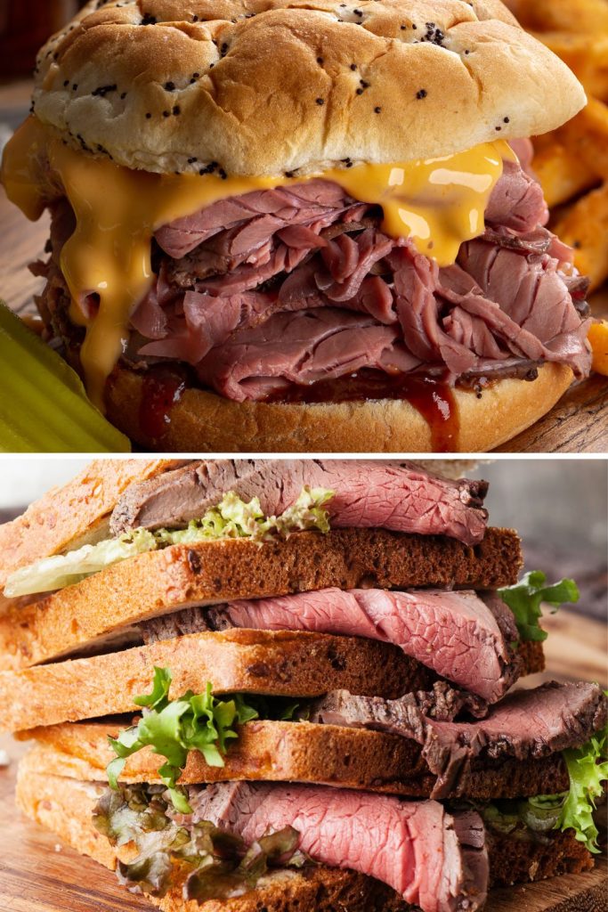 This is a roast beef sandwich with cheddar cheese, and a roast beef sandwich with lettuce.