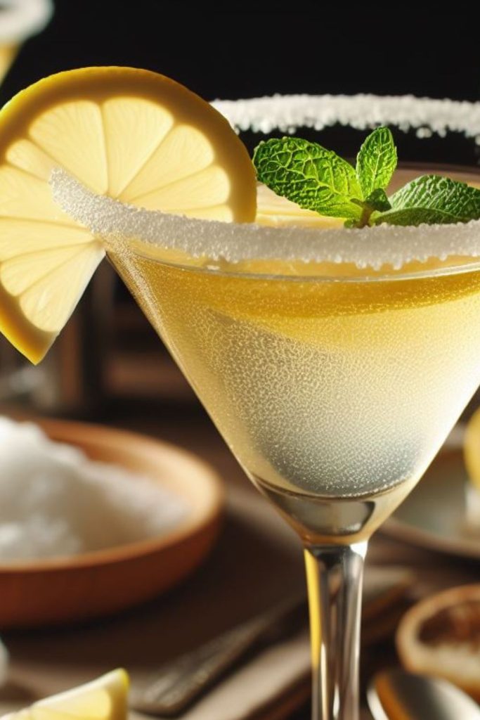 A close-up photo of a classic lemon drop martini in a chilled martini glass. 